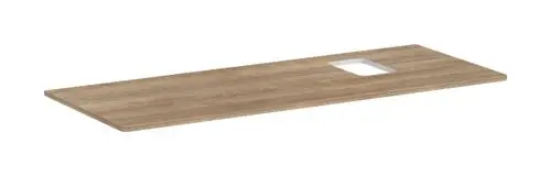 Kombinierte Konsole in Holzoptik mit Ausschnitt an der rechten Seite, geeignet für Aufsatzwaschtische, präsentiert von Hansgrohe.
